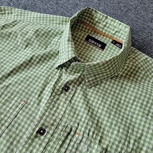 Orvis River Guide Shirt Men's Large Green Check Gingham Long Sleeve Pockets
